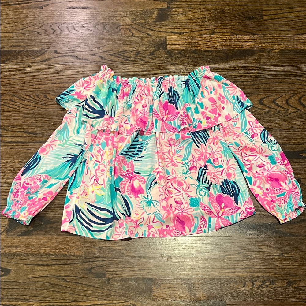 Lilly Pulitzer Pink, Teal & Navy Floral Off-Shoulder Top